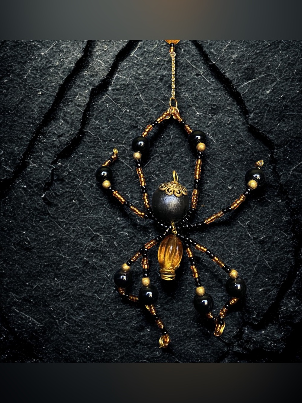 Black and Gold beaded spider- handcrafted